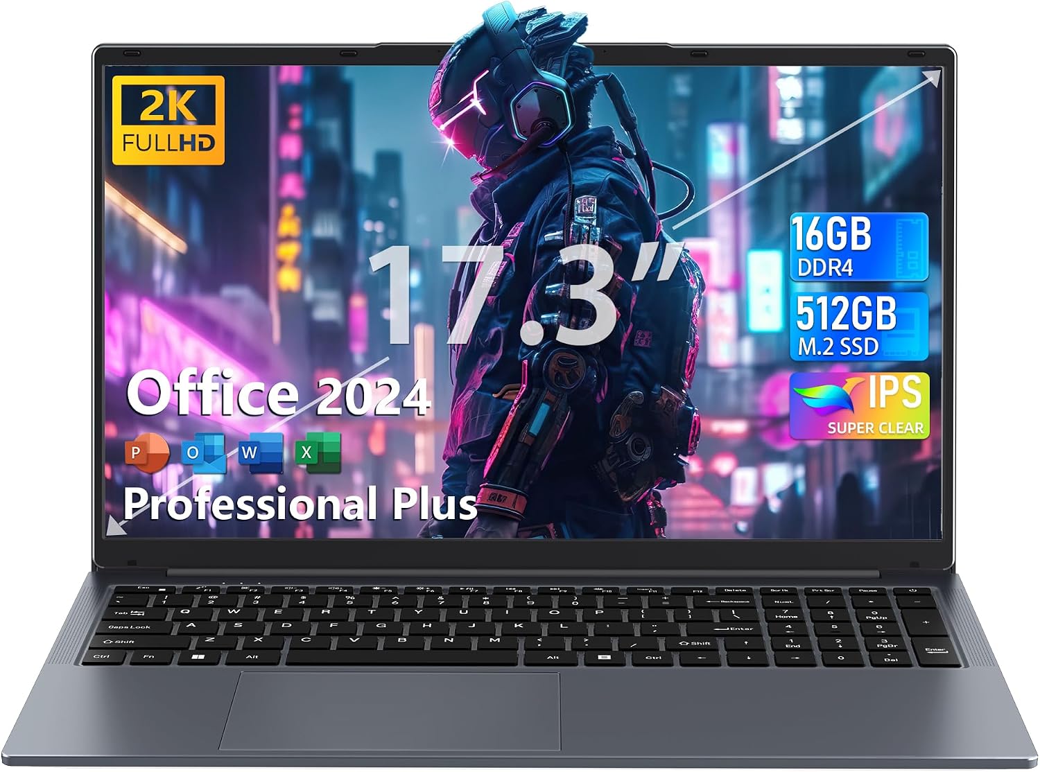 Office 2024 Laptop, Windows 11 Pro, 17.3 Type, Large Screen, 2K FHD IPS PC, Twin Lake N150 (Up to 3.6 GHz), 4 Core, DDR4, 16 GB RAM, 512 GB Nvme, SSD, High Capacity Battery, USB 3.0, Type-C