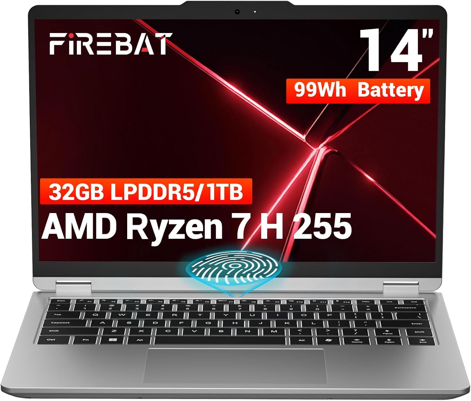 FIREBAT Laptop Computer, 14" 2880x1800 QHD+ Display, AMD Ryzen7 H255 (8C/16T up to 4.9GHz, 70W TDP), 32GB LPDDR5X RAM, 1TB PCIe 4.0 SSD(up to 8TB expandable), 500nits, 99Wh Battery, Fingerprint, Gray